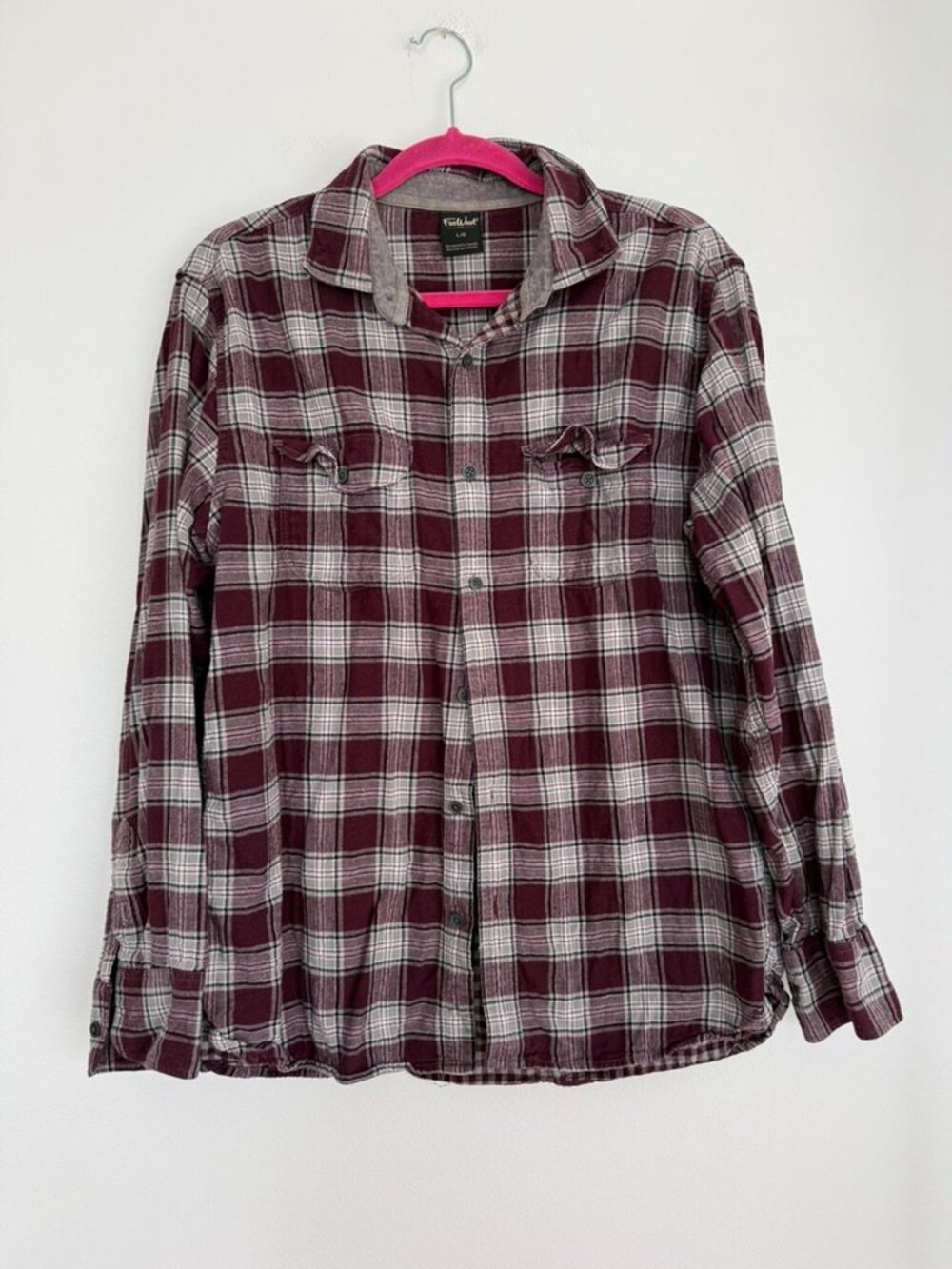 FarWest Plaid Flannel Button-Up Shirt Burgundy Cream Cotton L - Picture 2 of 6
